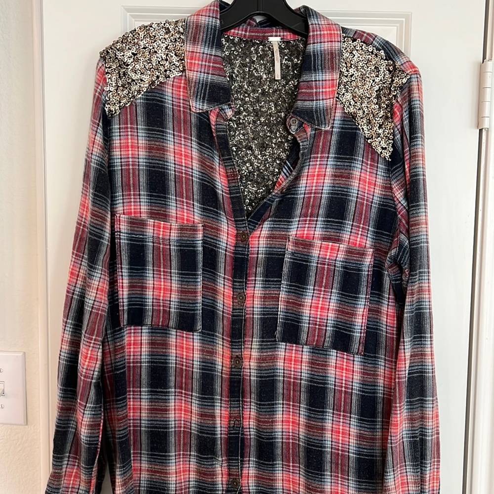 Free People Plaid Shirt w gold Sequins